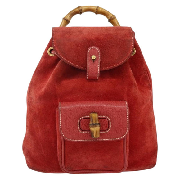 GUCCI Bamboo Backpack Suede Red Gold 003 2058 0030 Auth 175586