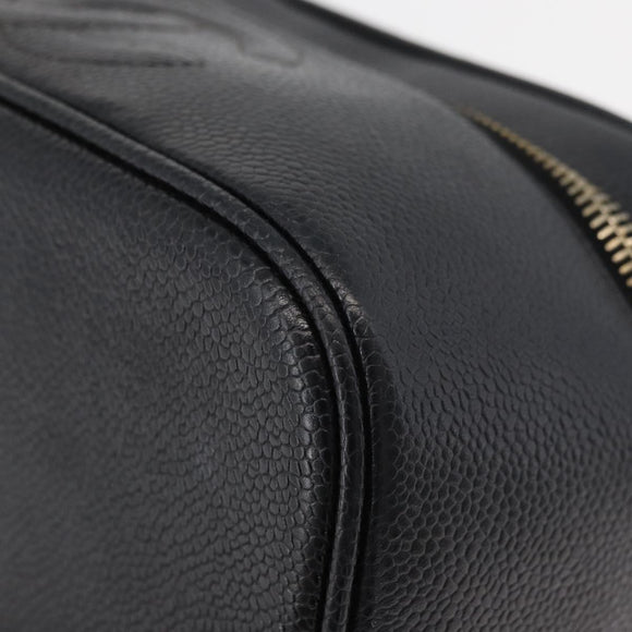 CHANEL Vanity Cosmetic Pouch Caviar Skin Black Gold CC Auth 175587