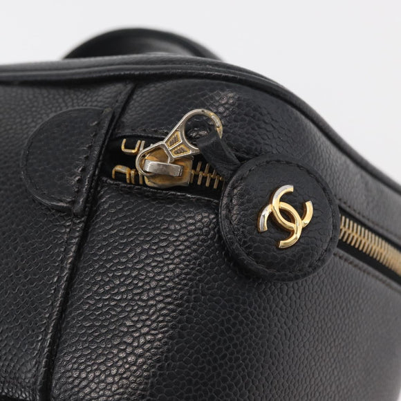 CHANEL Vanity Cosmetic Pouch Caviar Skin Black Gold CC Auth 175587