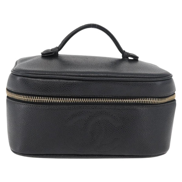 CHANEL Vanity Cosmetic Pouch Caviar Skin Black Gold CC Auth 175587