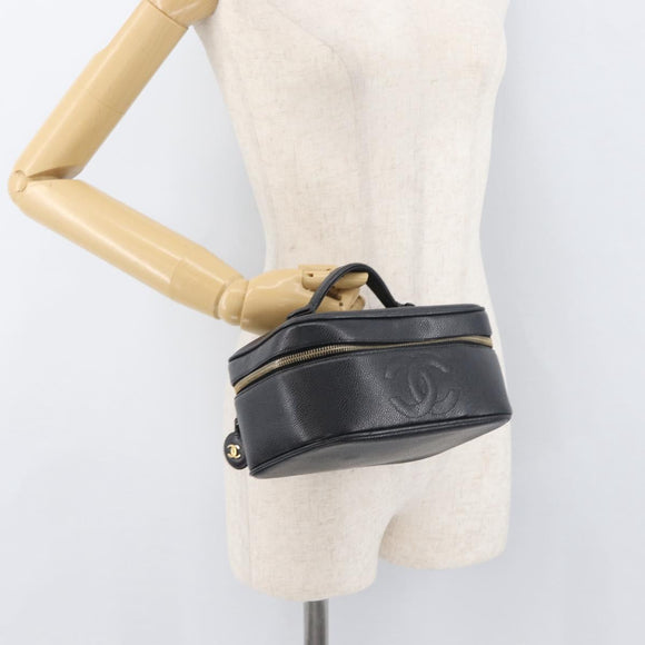 CHANEL Vanity Cosmetic Pouch Caviar Skin Black Gold CC Auth 175587