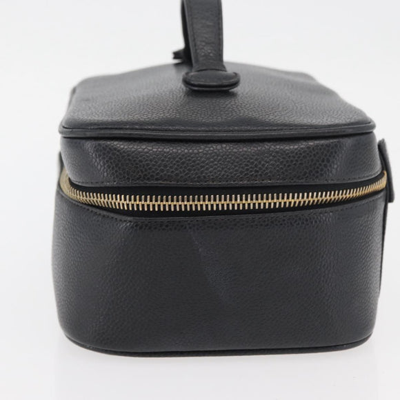 CHANEL Vanity Cosmetic Pouch Caviar Skin Black Gold CC Auth 175587