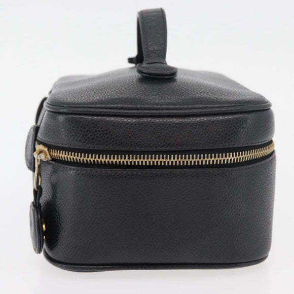 CHANEL Vanity Cosmetic Pouch Caviar Skin Black Gold CC Auth 175587