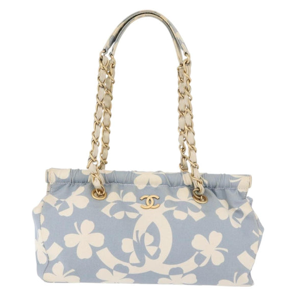 CHANEL COCO Mark Chain Shoulder Bag Canvas Light Blue Gold CC Auth 175589A