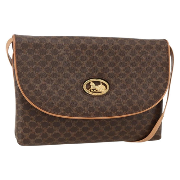 CELINE Macadam Canvas Horse Carriage Bag PVC Leather Brown Gold Auth 175596A