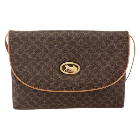 CELINE Macadam Canvas Horse Carriage Bag PVC Leather Brown Gold Auth 175596A