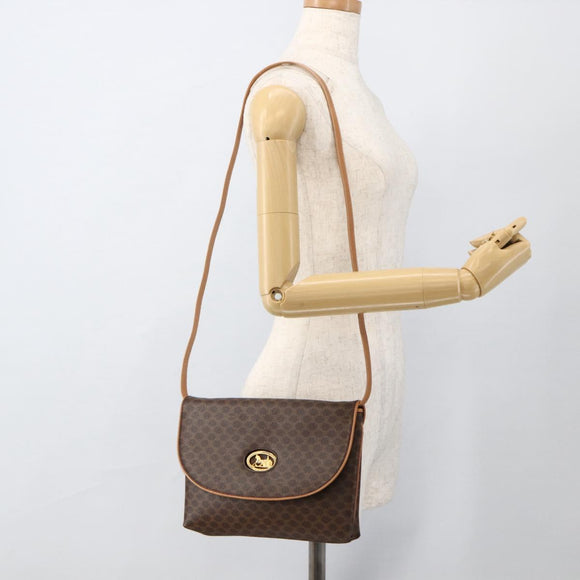 CELINE Macadam Canvas Horse Carriage Bag PVC Leather Brown Gold Auth 175596A