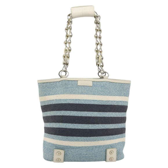 BURBERRY Chain Blue Label Tote Bag Cotton Light Blue Gold Auth 175604A