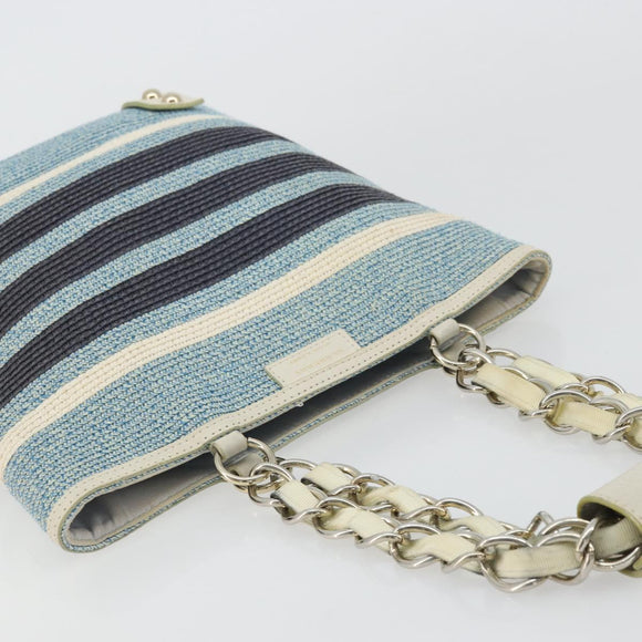 BURBERRY Chain Blue Label Tote Bag Cotton Light Blue Gold Auth 175604A