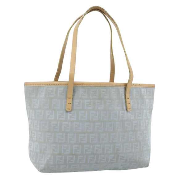 FENDI Zucchino Canvas Tote Bag Light Blue Silver Auth 175635