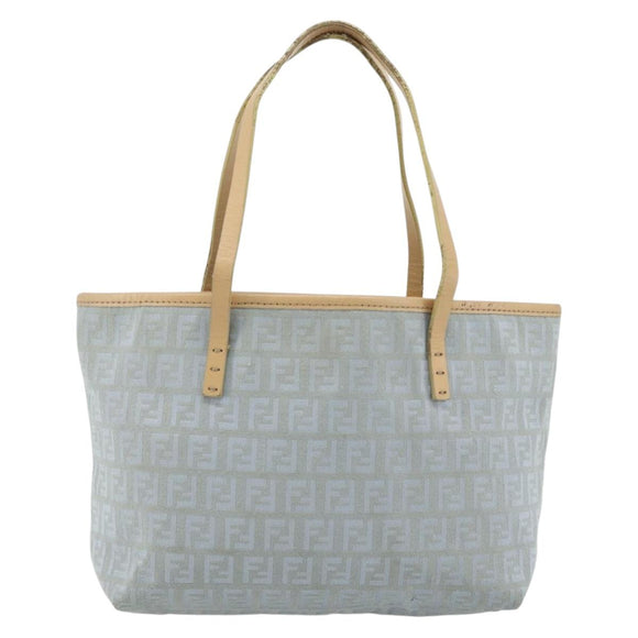 FENDI Zucchino Canvas Tote Bag Light Blue Silver Auth 175635