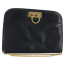 Salvatore Ferragamo Gancini Chain Shoulder Bag Leather Navy Gold Auth 175636-1