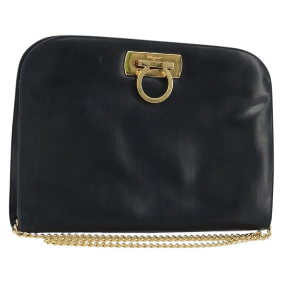 Salvatore Ferragamo Gancini Chain Shoulder Bag Leather Navy Gold Auth 175636
