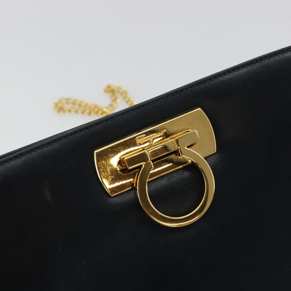 Salvatore Ferragamo Gancini Chain Shoulder Bag Leather Navy Gold Auth 175636