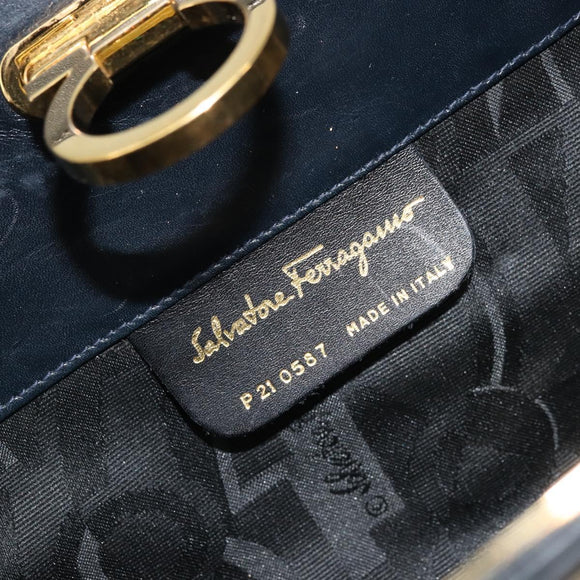 Salvatore Ferragamo Gancini Chain Shoulder Bag Leather Navy Gold Auth 175636