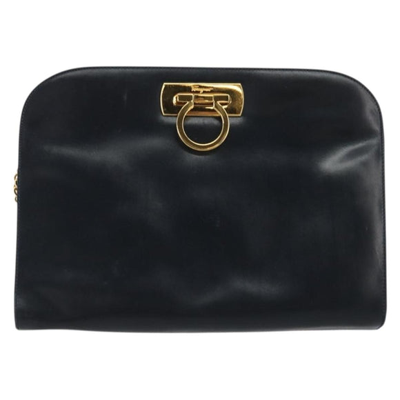 Salvatore Ferragamo Gancini Chain Shoulder Bag Leather Navy Gold Auth 175636