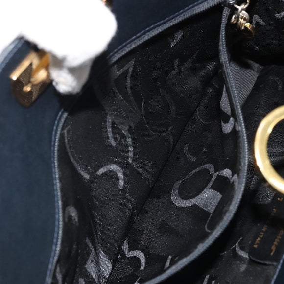 Salvatore Ferragamo Gancini Chain Shoulder Bag Leather Navy Gold Auth 175636