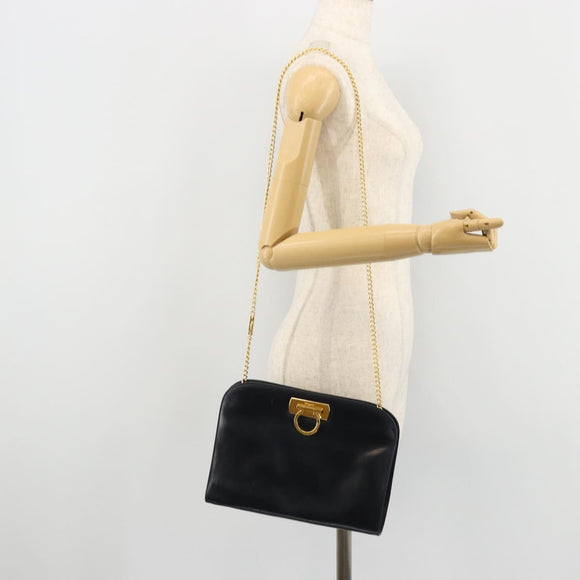 Salvatore Ferragamo Gancini Chain Shoulder Bag Leather Navy Gold Auth 175636