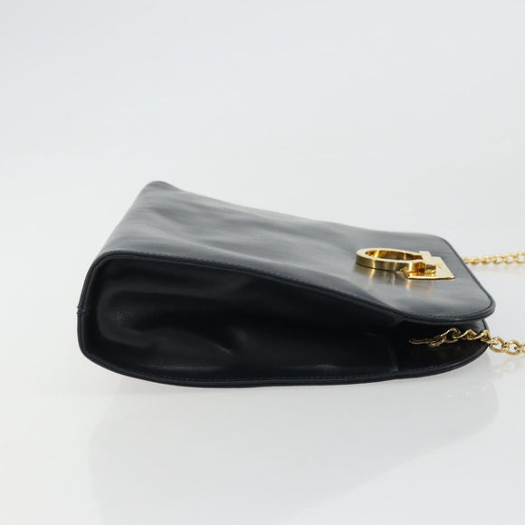Salvatore Ferragamo Gancini Chain Shoulder Bag Leather Navy Gold Auth 175636