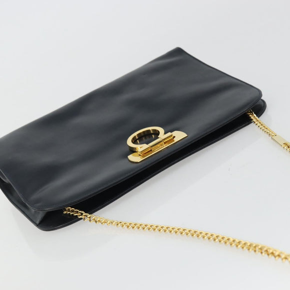 Salvatore Ferragamo Gancini Chain Shoulder Bag Leather Navy Gold Auth 175636