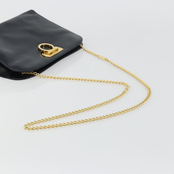 Salvatore Ferragamo Gancini Chain Shoulder Bag Leather Navy Gold Auth 175636