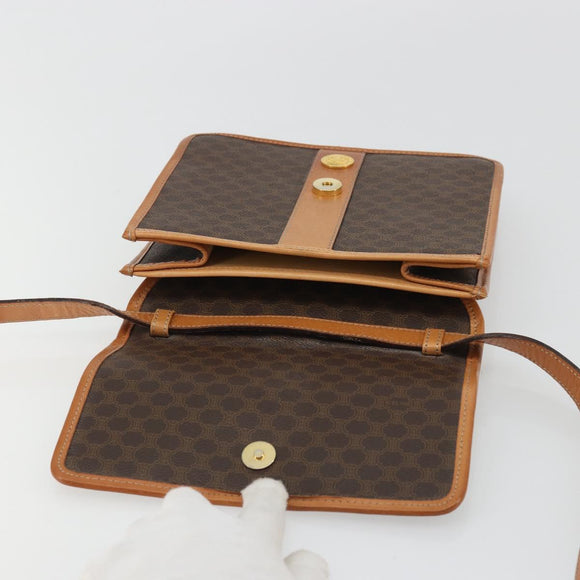 CELINE Macadam Canvas Medallion Shoulder Bag PVC Leather Brown Gold Auth 175640A