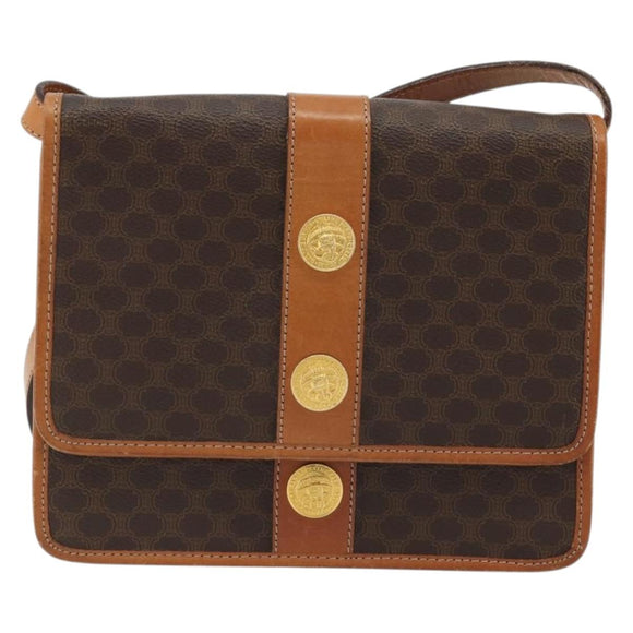 CELINE Macadam Canvas Medallion Shoulder Bag PVC Leather Brown Gold Auth 175640A