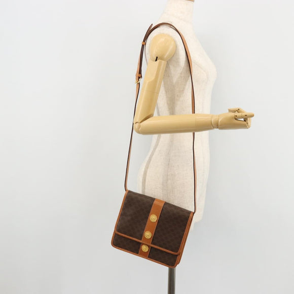 CELINE Macadam Canvas Medallion Shoulder Bag PVC Leather Brown Gold Auth 175640A