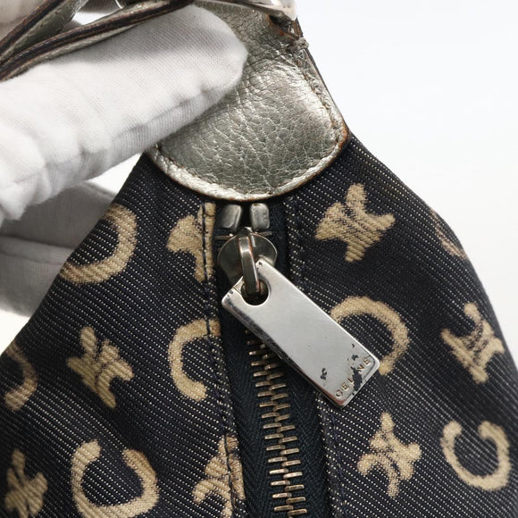 CELINE C Macadam Canvas Shoulder Bag Navy Silver Auth 175644A