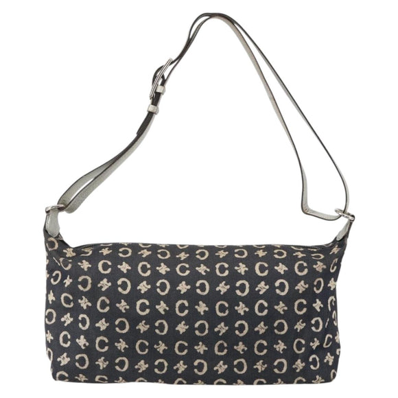 CELINE C Macadam Canvas Shoulder Bag Navy Silver Auth 175644A