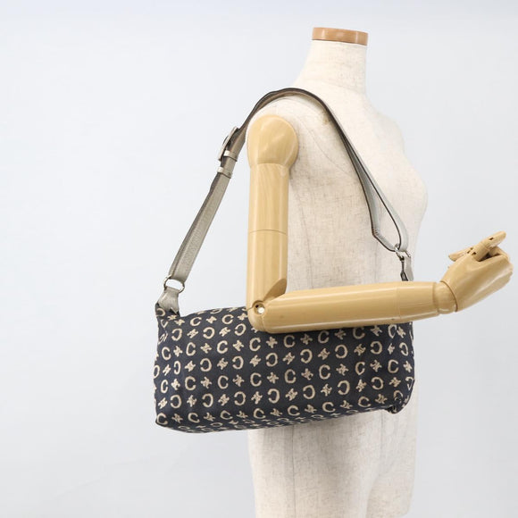 CELINE C Macadam Canvas Shoulder Bag Navy Silver Auth 175644A