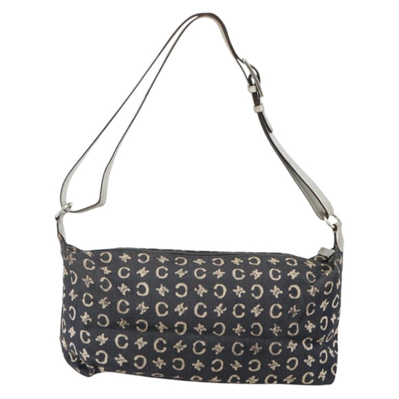 CELINE C Macadam Canvas Shoulder Bag Navy Silver Auth 175644A