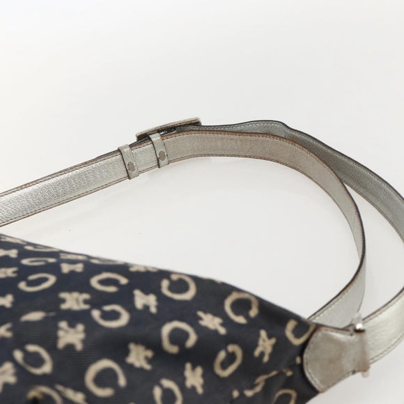 CELINE C Macadam Canvas Shoulder Bag Navy Silver Auth 175644A