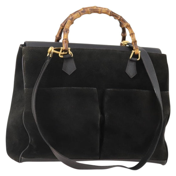 GUCCI Bamboo Tote Bag Suede 2way Black Gold 002 123 0322 Auth 175645