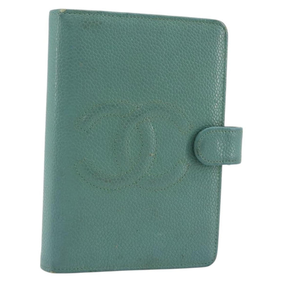 CHANEL COCO Mark Day Planner Cover Caviar Skin Green Gold CC Auth 175670A