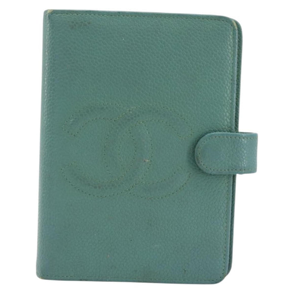 CHANEL COCO Mark Day Planner Cover Caviar Skin Green Gold CC Auth 175670A