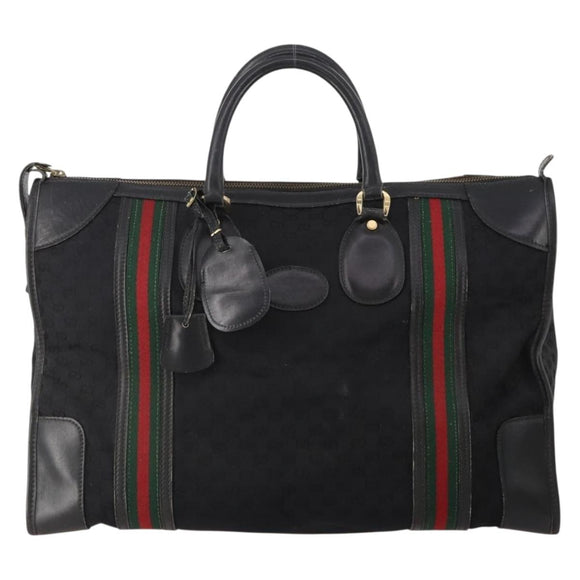 GUCCI GG Canvas Web Sherry Line Boston Bag Black Gold Red Auth 175702