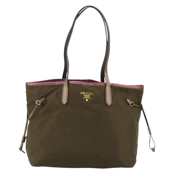 PRADA Tote Bag Nylon Khaki Gold Auth 175703