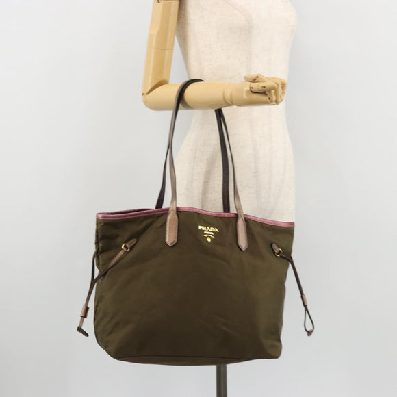PRADA Tote Bag Nylon Khaki Gold Auth 175703