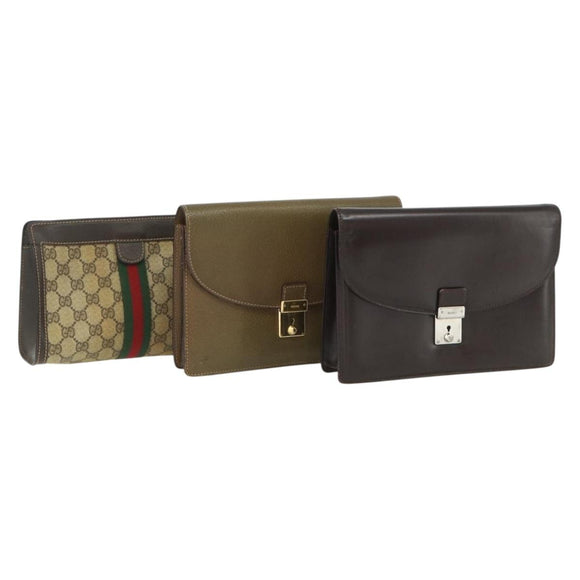 GUCCI GG Supreme Web Sherry Line Bag Leather PVC 3 Set Beige Brown Auth 175753