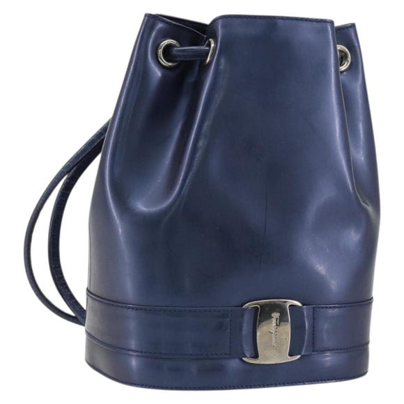 Salvatore Ferragamo Vala Backpack Patent leather Navy Silver Auth 175785