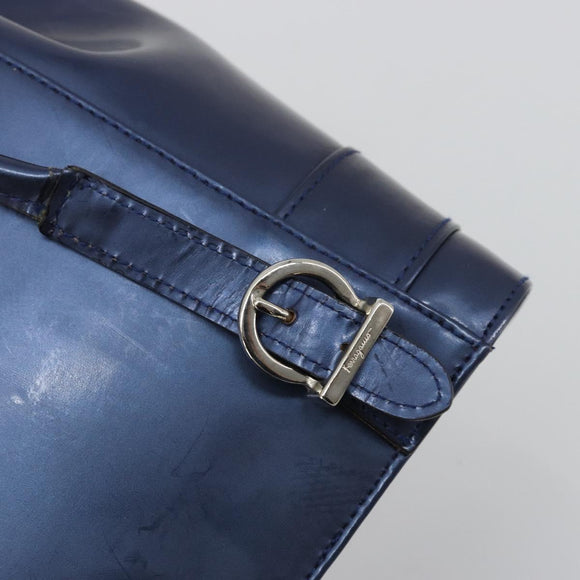 Salvatore Ferragamo Vala Backpack Patent leather Navy Silver Auth 175785