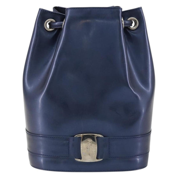 Salvatore Ferragamo Vala Backpack Patent leather Navy Silver Auth 175785