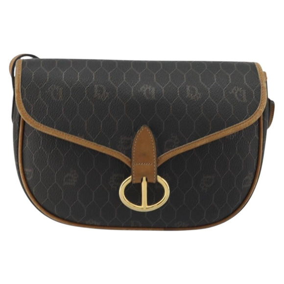 Christian Dior Honeycomb Canvas Shoulder Bag PVC Black Gold Auth 175786