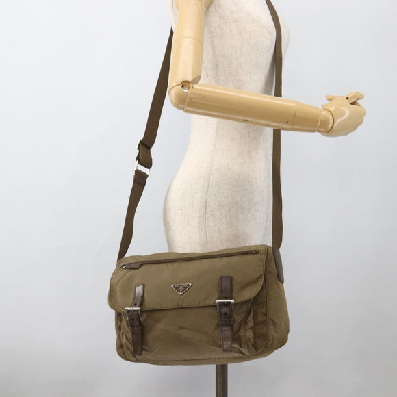 PRADA Shoulder Bag Nylon Beige Silver Auth 175788