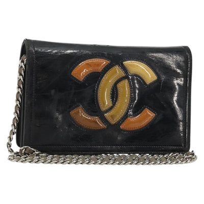 CHANEL COCO Mark Chain Shoulder Bag Patent leather Black Silver CC Auth 175799