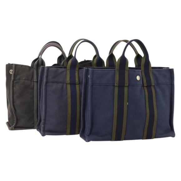 HERMES Fourre Tout PM Hand Bag Canvas 3 Set Navy Black Auth 175803