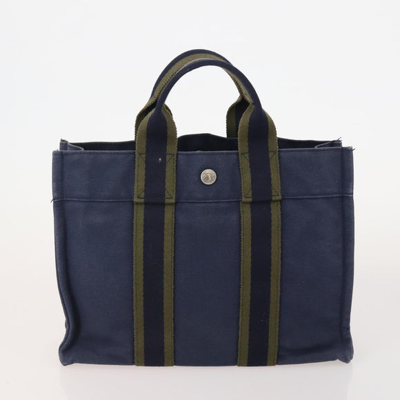 HERMES Fourre Tout PM Hand Bag Canvas 3 Set Navy Black Auth 175803