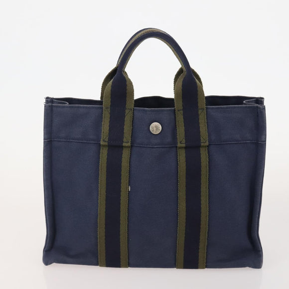 HERMES Fourre Tout PM Hand Bag Canvas 3 Set Navy Black Auth 175803