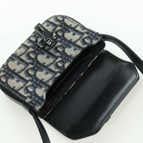 Christian Dior Trotter Canvas Dior Lock Shoulder Bag Navy Silver Auth 175822M